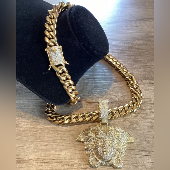 Men CZ Diamond Ice Out Medusa 14K Gold Plated  Big Iced Chain+Pendant 14m 22Inch - Picture 4 of 10